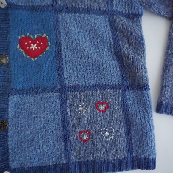 Vintage Koret City Blue Patchwork Heart Embroidered Snowflakes Knit Cardigan L - Picture 5 of 10